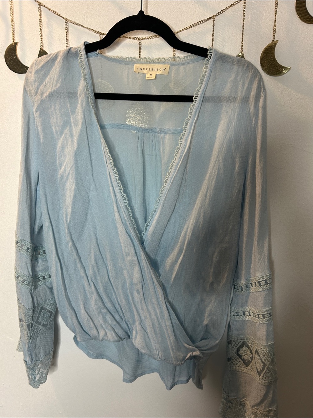 lovestitch Pale Blue Lace-Trim Wrap Blouse